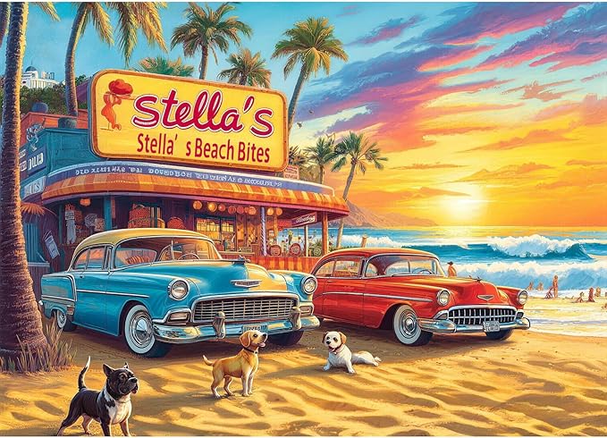 500 Piece Beach Vintage Truck Jigsaw Puzzle for Adults, Summer Sunset Surf Puzzle, Dog Puzzles for Adults 500 Pieces, Home Decor Birthday Party Gift for Men Women Elders, 20.5 x 15 in