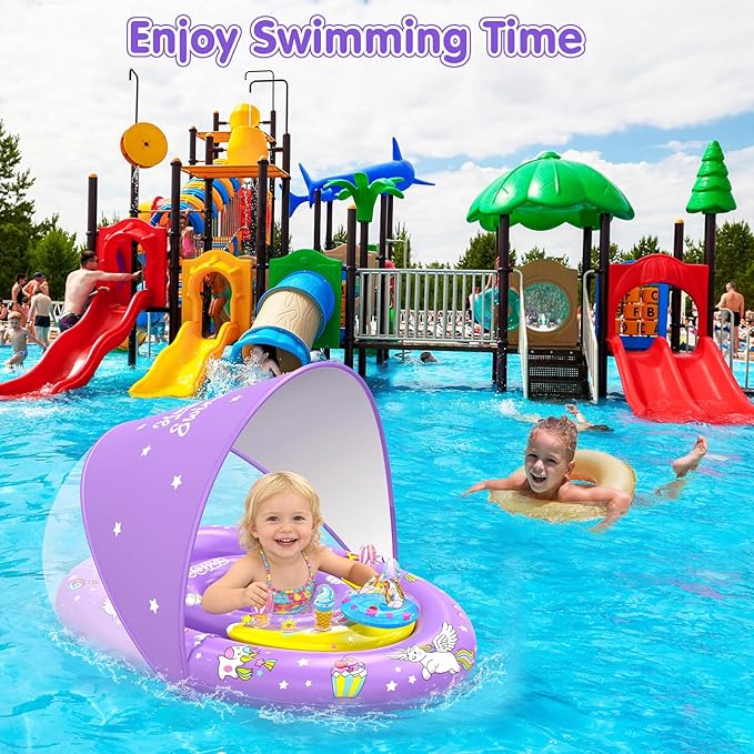 EZIGO Baby Pool Float with Canopy UPF50+ Sun Protection, Inflatable Kids Pool Floats with Ocean Animal Toys for Baby 6-36 Months, Infant Swimming Float with Adjustable Safety Seat for Boys Girls