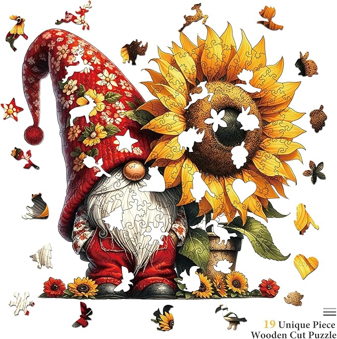 Wooden Puzzles for Adults, Sunflower Gnome 200 Pieces Wooden Jigsaw Puzzles with Unique Shape, 10.3x10.6 Inch Wooden Puzzles Kits for Great Gift Family Game