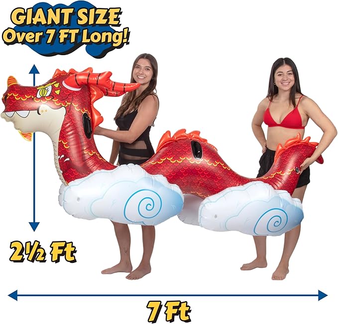 Giant Dragon Pool Float- 2 Person Inflatable Rider Over 7 FT Long w Sturdy Handles- Heavy-Duty PVC XL- Backyard, Beach, Lake, Pool Party Float Toy for Kids Teens, Adults- Outdoor Summer Water Fun Play