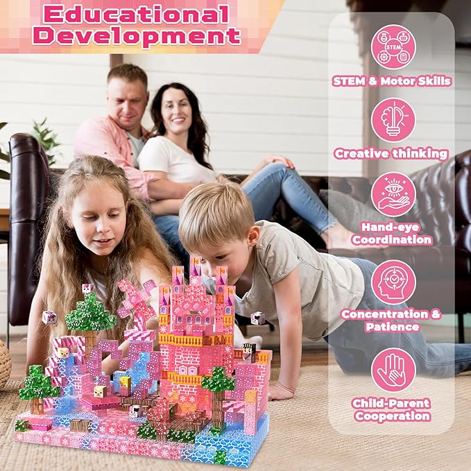 Magnetic Blocks - 100 PCS Transparent Magnetic Building Block for Kids, Pink Princess Castle Magnet Cubes Sets, Princess Toys for Girls Ages 3 4 5 6 7 8-12 Birthday Gifts, Easter Basket Stuffers
