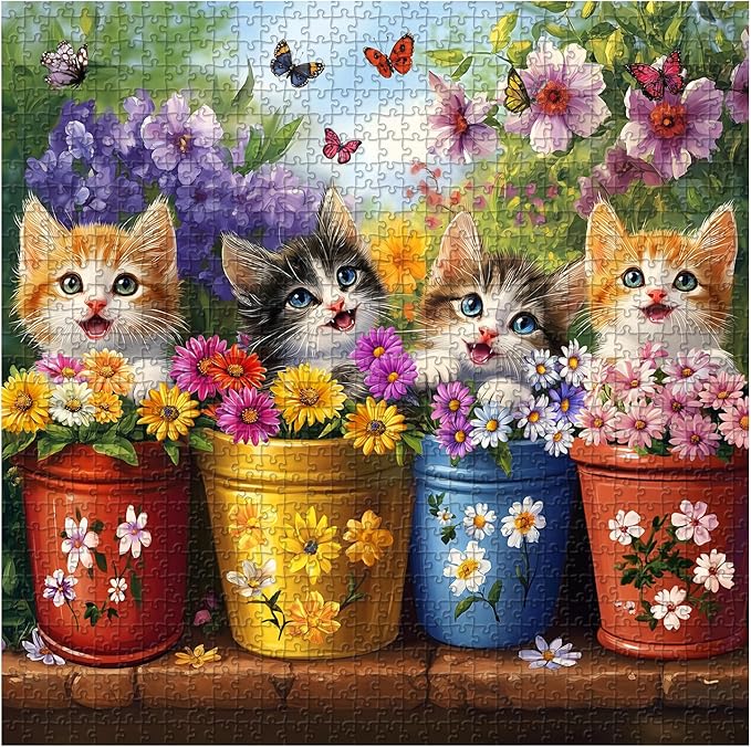 PICKFORU Cat Puzzles for Adults 1000 Pieces, Colorful Animals Jigsaw Puzzles Kitten Butterfly, Difficult Flower Plant Puzzle as Home Decor