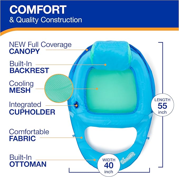 SwimWays Spring Float Premium Recliner with Canopy Pool Lounger, Inflatable Pool Floats Adult with Fast Inflation for Ages 15 & Up, Sky Blue