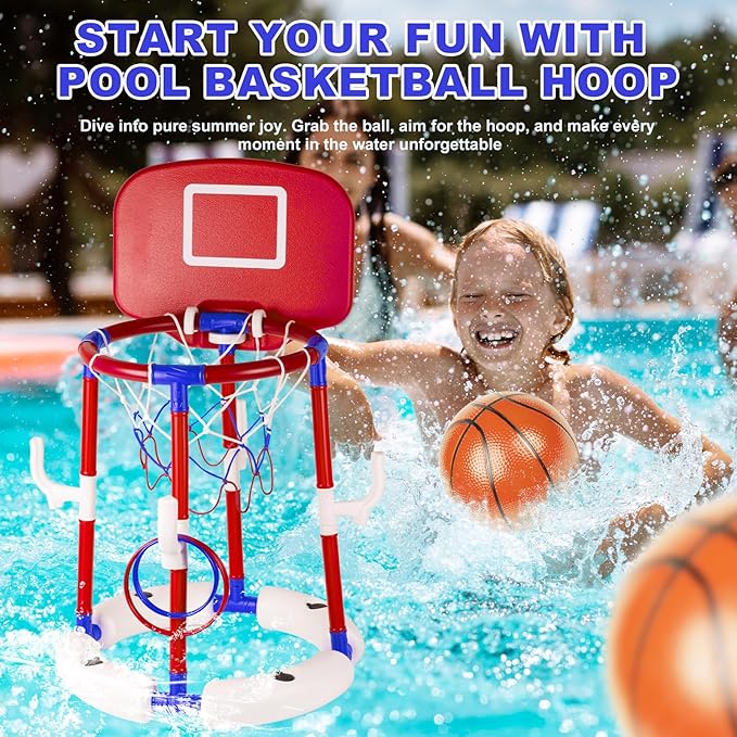 2-in-1 Floating Pool Basketball Hoop with Backboard, 4 Balls, 6 Rings & Pump, Stable Water Basketball Hoop & Ring Toss Pool Games for Ages 4-12, Summer Fun & Outdoor Indoor Family Pool Toys