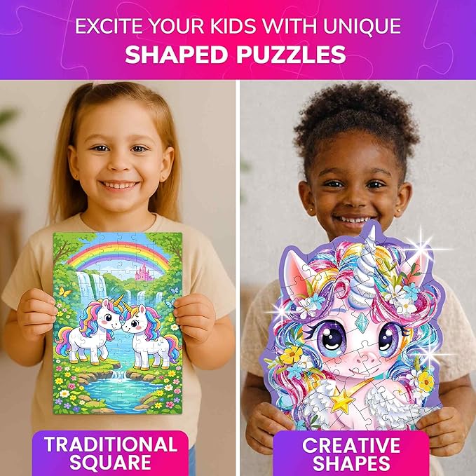 QUOKKA Puzzles for Kids Ages 4-6 – 4x48 Pieces Jigsaw Puzzles for Toddlers 2-4 – Shimmery Princess, Mermaid, Butterfly & Unicorn Shaped Children's Game Ages 3-5 – Educational Toy Gift for Kids 5-8