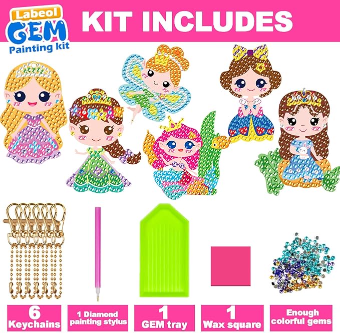 Labeol Arts and Crafts for Kids Ages 8-12 - Creat Your Own GEM Keychains-5D Diamond Art by Numbers GEM Art Kits for Kids Girls Toddler Crafts Age 6-7 6-8 10-12 (Princess)