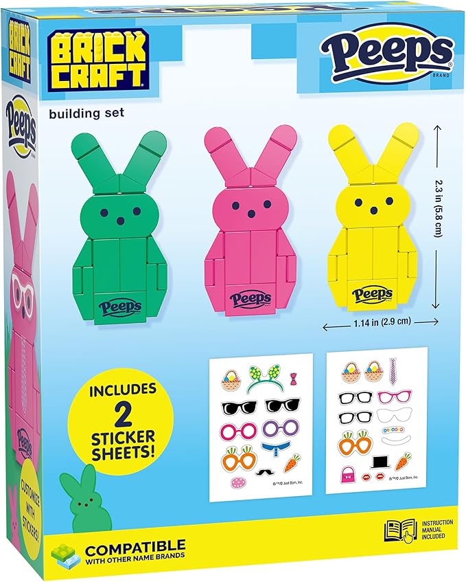 Brickcraft Peeps Bunny Building Set, Easter Brick Figures 3 Pack in Pink Yellow and Green, 63 Piece Building Toy, Ages 8 Plus, Spring Holiday Display Models, Official Peeps Licensed Set with Stickers