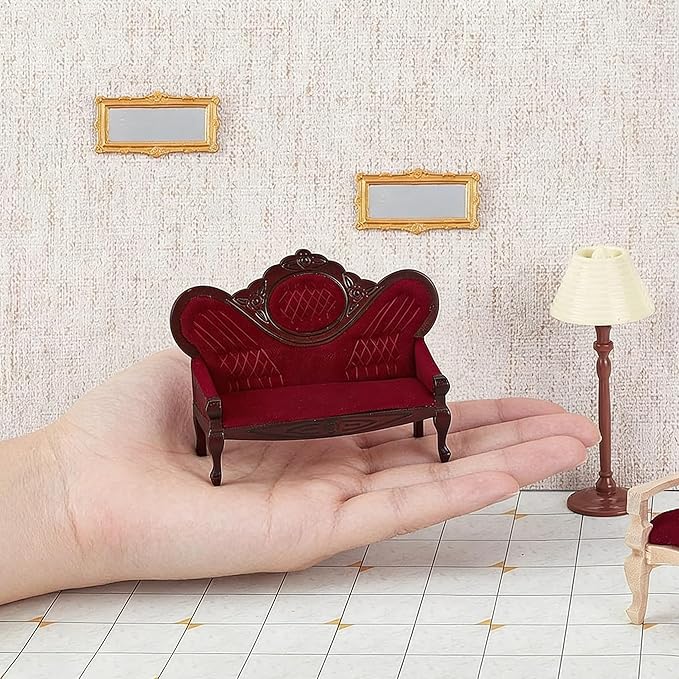AHANDMAKER Dollhouse Furniture Miniature Accessories, 1/12 Scale Mini House Vintage Red Wooden Carved Sofa Bench Armchairs for Dollhouse Living Room Scene Simulation Craft Decoration Party