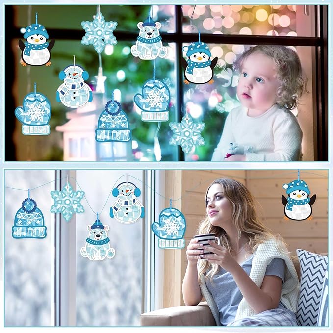 Feifeiya 24 Set Winter Suncatchers Crafts DIY Window Tissue Paper Suncatchers Winter Craft Make Your Own Hanging Ornaments for Christmas Holiday School Party Activities Art Projects