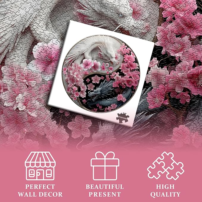 PICKFORU Dragon Puzzles for Adults 1000 Pieces, Fantasy Dinosaur Round Puzzle Flower Yinyang Animal, Floral Circle Unique Art Challenge Jigsaw Puzzle