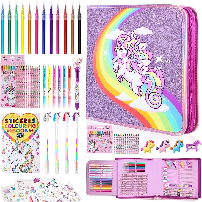 CozyJoyz Unicorn Washable Marker Set, 59 Pcs Arts and Crafts Coloring Set for Kids, Drawing Art Supplies Birthday Gifts for Girls Toys 4 5 6 7 8 9 Year Old (Purple)