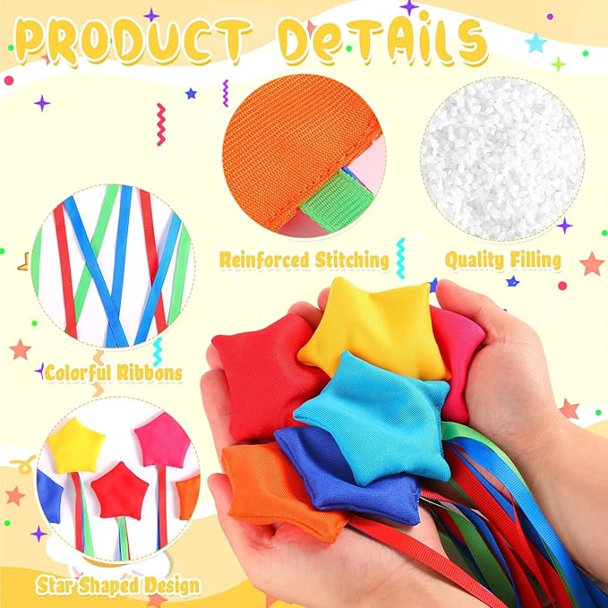 36PCS Star Bean Bags Toss for Kids Small Cornhole Bean Bags for Tossing with Storage Bag Hand Tossing Family Game Colorful Mini Star Shaped Beanbag with Ribbons Toddler Carnival Outdoor Sport Supply