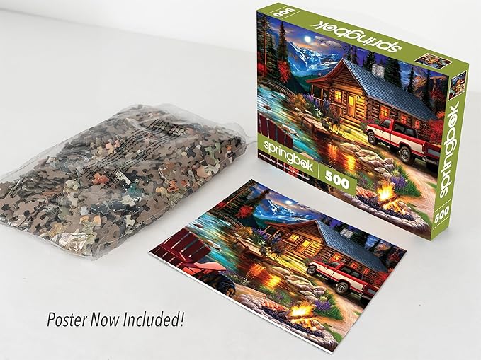 Springbok Cabin on the Creek 500 Piece Jigsaw Puzzle for Adults - Poster Now Included - Moonlit Outdoor Puzzle - Unique Cut Pieces - Made in USA
