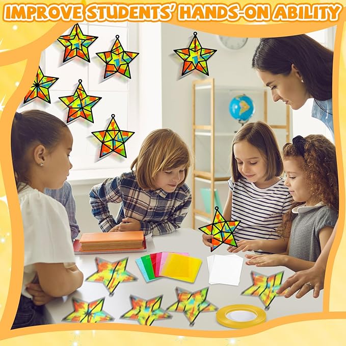 QOUBAI 32 Sets Stars Suncatchers Craft Back to School DIY Stained Glass Window Patriotic 4th of July Paper Craft Home School Classroom Decor Kid Birthday Gift Creative Art Activity Game