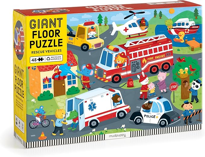 Mudpuppy Rescue Vehicles – 48 Piece Giant Floor Jigsaw Puzzle Featuring A Colorful Scene of Different Kinds of Rescue Transportation Vehicles and Adorable Rescue Characters
