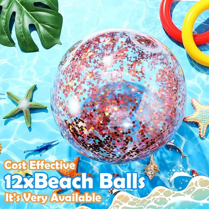 Lewtemi 12 Pcs Inflatable Glitter Beach Balls 16 Inch 24 Inch Shiny Giant Confetti Balls Swimming Pool Beach Blow up Balloon for Outdoor Summer Party Wedding Decor(Rose Gold)