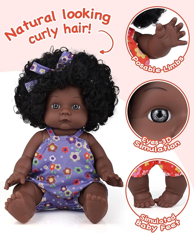 GAGAKU Black Baby Doll for 3 4 5 6 Years Old,12 inch Black Baby Dolls for Girls with Curly Hair, 2-Sets Doll Clothes,Small Baby Dolls for Toddlers Kids and Girls Holiday Birthday