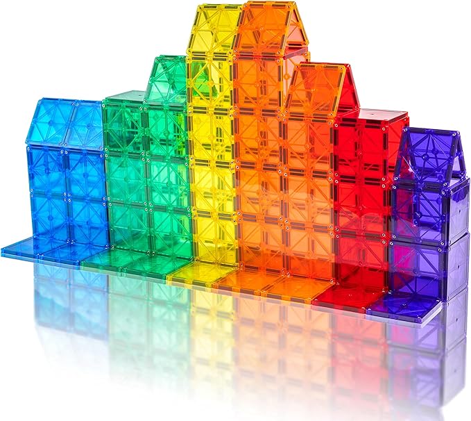 Playmags 60-Piece 3D Magnetic Tiles Squares Set - Featuring Supermags Twice as Strong, Riveted for Safety, STEM Educational Building Blocks for Kids, Compatible with Major Brands, Ages 3+