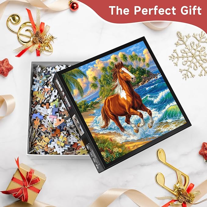 Tropical Beach Running Horse 1000 Piece Puzzle for Adults - Majestic Equine Art, Poster & Lettered Back, 22.8" Square HD, Gift for Horse & Nature Lovers