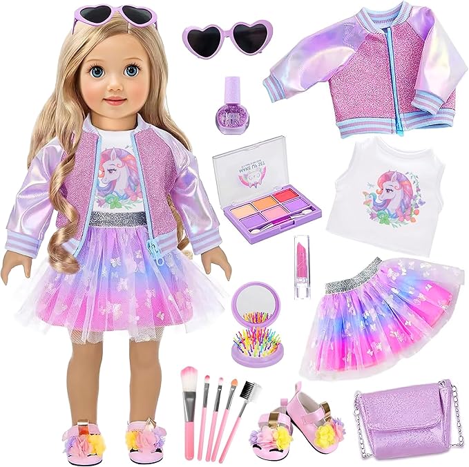 ebuddy 18 Inch Doll Clothes and Accessories - Unicorn Outfit with Glitter Jacket, Tulle Skirt, Purse, Sunglasses & Accessories for 18" Dolls (Doll Not Included)