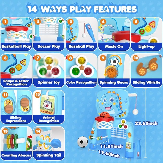 Toys For 1 Year Old Boy - Toddler Basketball Hoop&Soccer Goal&Baseball Sport Activity Center,Montessori Sensory Musical Toy With Light,Christmas Birthday Gift for Age 12-18 Month(Sky Blue Dinosaur)