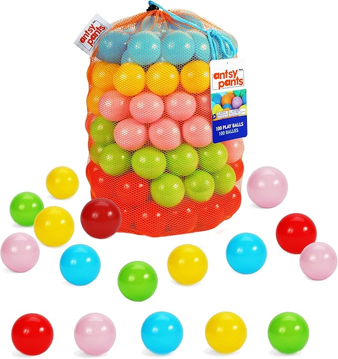 Antsy Pants 100 Ball Pit Balls, Ball Pit for Toddlers 1-3, Non-Toxic Materials, Lightweight, 5 Colors, Reusable Storage Bag, Plastic Balls for Ball Pit, Sensory Toys for Kids
