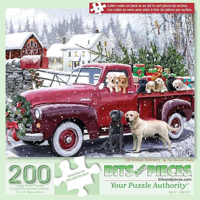 Bits and Pieces 200 Piece Puzzles for Adults 200 Extra Large Pieces 15" x 19" Jigsaw Puzzles, Red Truck Presents Dogs, Random Die Cut, No 2 Pieces Alike, Christmas Delivery