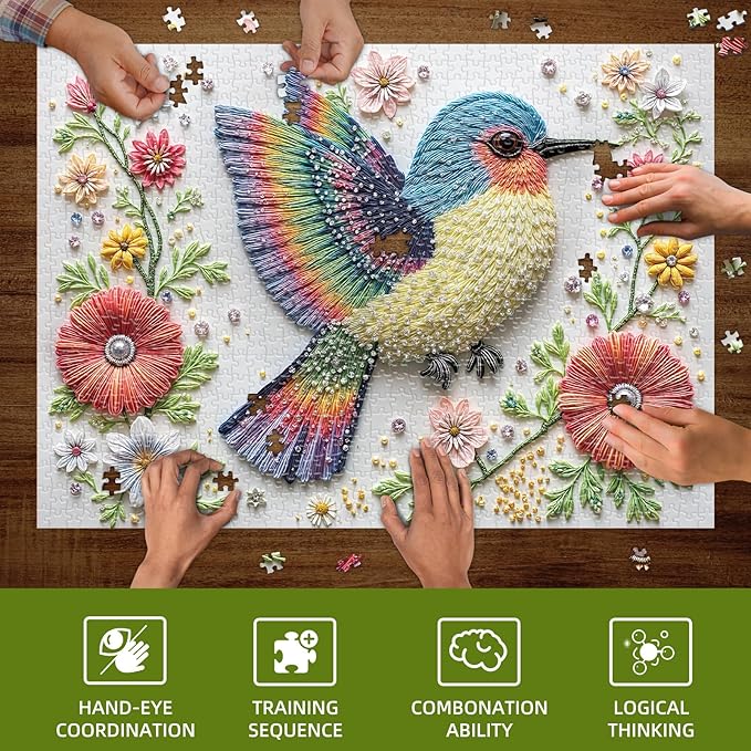Gem Bird 1000 Piece Puzzle for Adults, Hard Challenging 1000 Pieces Jigsaw Puzzles for Adults, Colorful Art Style Bird Puzzles with Rhinestone Detail Look, Vibrant Stress Relief Game, 27.6"x19.7"