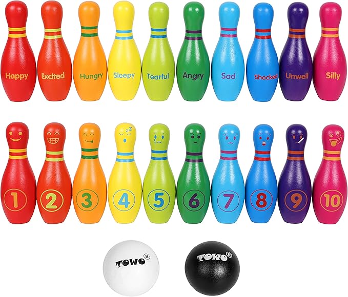 TOWO Wooden Skittles for Children - Skittle Set with 10 Facial Expressions and Numbers - 10 Pin Bowling Set for Kids Garden Toys- Wooden Toys for 2 Year Old