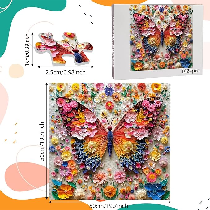 1024 Piece Butterfly Flowers Jigsaw Puzzle for Adults, Colorful Flowers Puzzles for Adults 1000 Pieces, Challenging Puzzle for Friends Family Activity Game Nights, Finished Size 19.7" x 19.7"