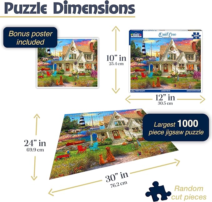 White Mountain 1000 Piece Jigsaw Puzzle Scenic Lighthouse Beach Puzzles with Large Pieces Gift for Adults and Family 24"x30" - Quiet Cove