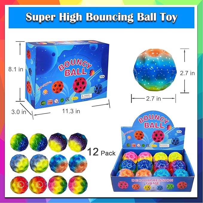 Bouncy Ball, Colorful Big Super Bouncy Astro Balls, Extreme High Bouncing Balls for Kids,Fun Kids Lightweight Foam Jump Balls for Outside, Improve Hand Eye Coordination Ability (12 Pack)