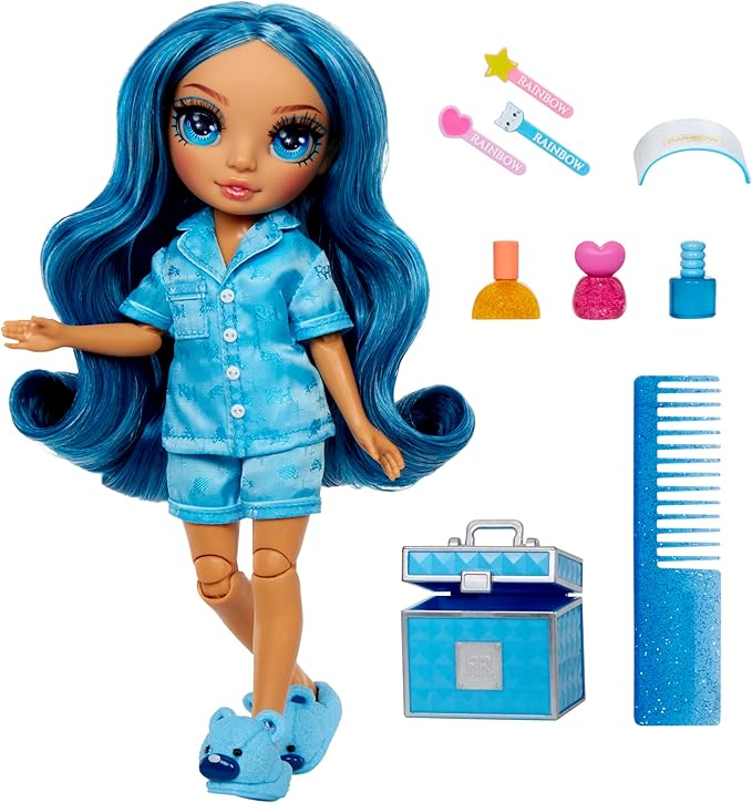 Rainbow High Jr High PJ Party - Skyler, Blue 9" Posable Fashion Doll with Soft Onesie, Slippers, Fun Play Accessories, Great Toy Gift for Girls Kids Ages 4-12 Years