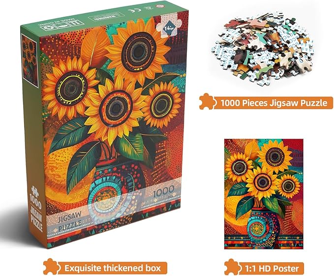 Radiant Sunflower Vases 1000 Piece Puzzle for Adults - Difficult Puzzles Art Painting Jigsaw Puzzles Family Game Home Decor