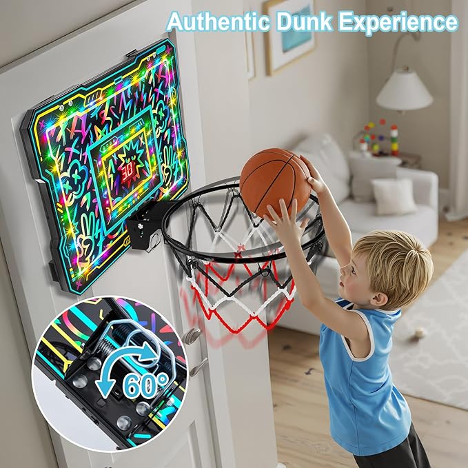 Indoor Mini Basketball Hoop, Over The Door Basketball Hoop with LED Lights/Scoreboard/4 Balls, Upgraded Reinforced Backboard Frame, Basket Ball Toys Gift for Kids Ages 3-5-12+ Boys Girls