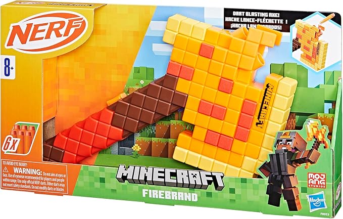 Nerf Minecraft Firebrand, Dart Blasting Axe, 6 Elite Foam Darts, Design Inspired by Minecraft Axe in The Game, Pull Down Priming, Minecraft Toys