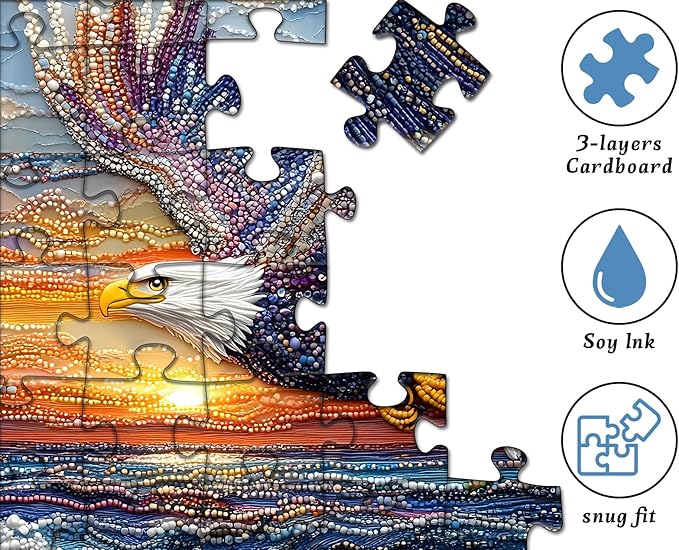 Beaded Eagle Puzzle for Adults 1000 Pieces, Colorful Bald Eagle Over Ocean Puzzles, Unique Jewelry Bird Jigsaw Puzzle Animal Art, Impossible Difficult Hard Challenging Puzzles