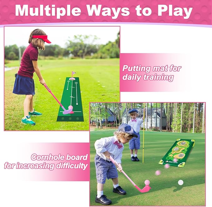Toddler Golf Set for Boys Girls 1 2 3 4 Years Old, Upgraded Kids Golf Cart with Putting Mat & Cornhole Board, Outdoor Indoor Sports Toys, Pink