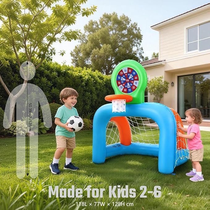 Inflatable Toddler Sports Center – Basketball Hoop & Soccer Goal, 3-in-1 with Sticky Ball Target, Soft & Safe Indoor/Outdoor Set, Ages 2–6