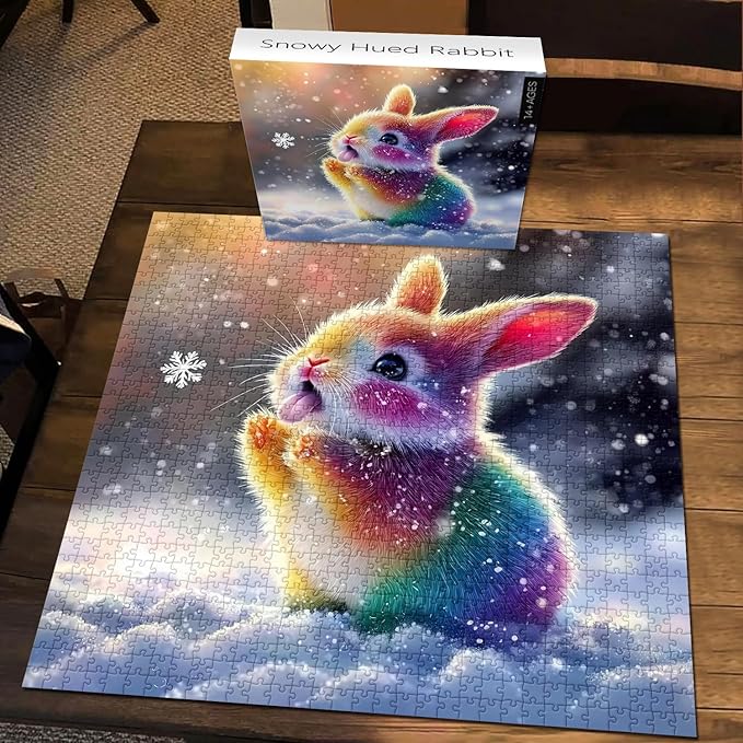 PICKFORU Snowy Hued Rabbit Jigsaw Puzzles 1000 Pieces,Colorful Cute Snow Rabbit Puzzles for Adults,Unique Nature Animal Puzzle as Home Decor