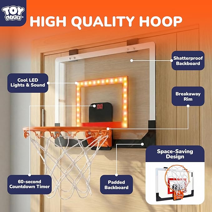 TOY Life Basketball Hoop LED Scoresboard Indoor Basketballhoop Wall Mount Over The Door Backboard for Teens Adults Boys Toys Age 8-10 Games Indoor with 4 Balls