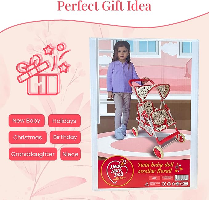 Double Doll Stroller for Twin Dolls & Toddlers - 25' Floral Tandem Play Toy Stroller