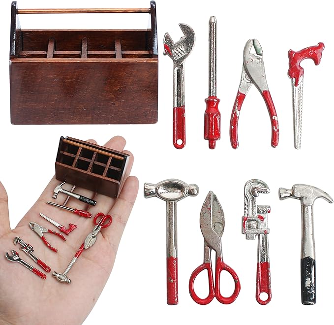 Miniature Tool Box Dollhouse 1/12 Scale Kit Set, 8Pcs Metal Working Tools with Mini Wood Toolbox, Doll Garage Accessories, Tiny Model for House Building, Garden Outdoor Repair, Rustic Farm Crafts