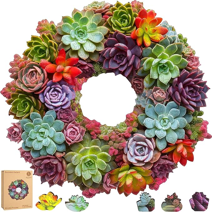 Delobil Succulent Garland Wooden Puzzles for Adults, 200 Pieces Mandala Jigsaw Puzzles, Unique Shaped Medium Size Wood Puzzle Gift for Kids, Family Game 11.3'' x 10.5''