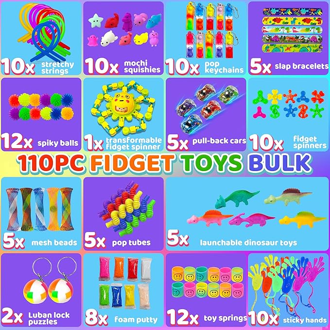 Easter Basket Stuffers for Kids, 110Pack Fidget Toys Bulk Adult Sensory Autism ADHD Autistic Figette Classroom Treasure Prize Box School Must Have Stress Anxiety for Age 5-7 8-12 Valentines Day Gifts