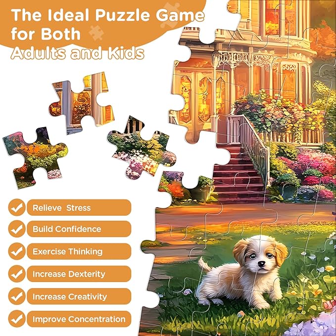 300 Piece Puzzles for Adults, Jigsaw Puzzles 300 Pieces Beautiful House Building Puzzle, Dog Puzzles for Adults Kids Seniors Recycled Cardboard Puzzle Games Family Activity Night Gift Toy 20.5x15in