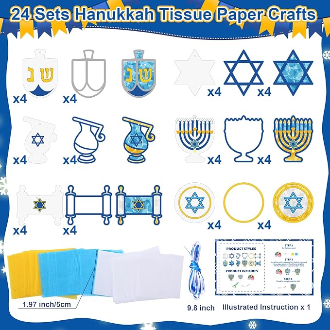 24 Sets Hanukkah Craft Kits Hanukkah Tissue Paper Crafts Chanukah Suncatchers Kits DIY Star of David Menorah Dreidel Hanging Ornaments for Chanukah Christmas Holiday Activities Party Supplies