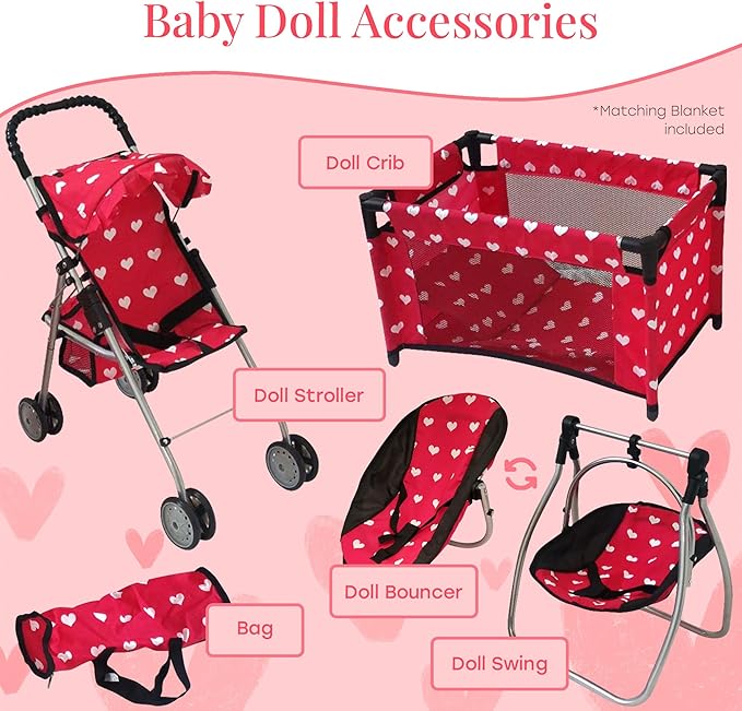 Deluxe Baby Doll Stroller with Crib Furniture Playset, Multi Baby Doll Accessories Set for 18" Dolls, Includes Doll Stroller Swing and Doll Bed Pretend Play for All Dolls - Pink