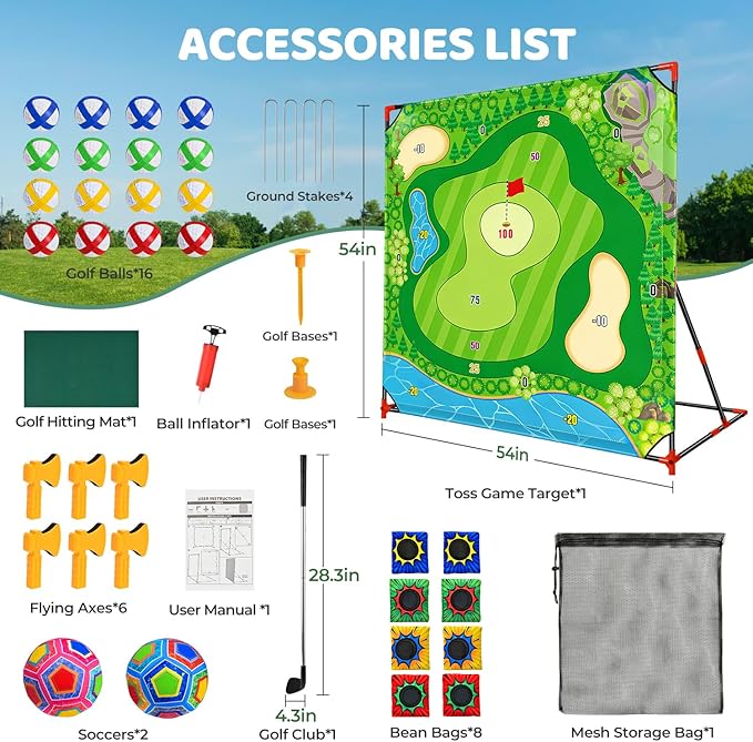 DyBaxa Golf Chipping Game - Golf Battle Game for Kids, 54*54 Golf Target Mat with 16 Sticky Balls, 8 Bean Bag, 6 Axe, 2 Soccer, Perfect for Family Fun, Outdoor Lawn, Poolside, Backyard Party Activity
