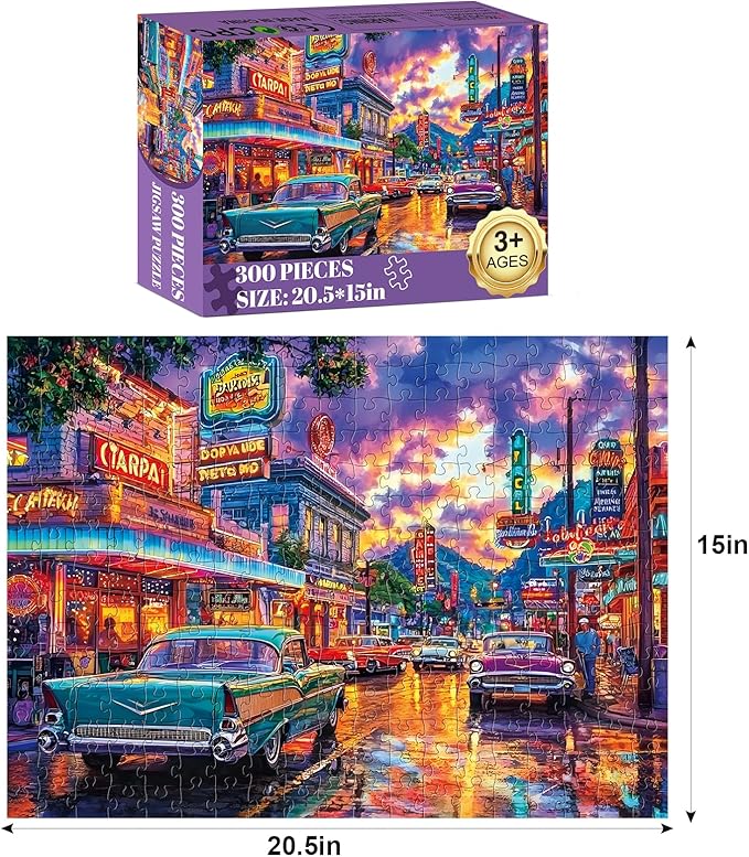 300 Piece Puzzle for Adults,Night Car Life Jigsaw Puzzle for Adults Teens,Large Piece Puzzle for Kids Ages 8-10 10-12,Classic Cars Vintage Puzzles,Challenging Family Game Great Gift,20.5x15 in